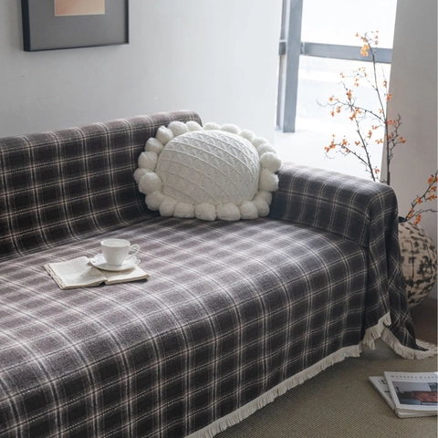 Copridivano Vintage a Quadri con Frange in Morbido Poliestere e Cotone per Soggiorno Copertura Decorativa per Mobili