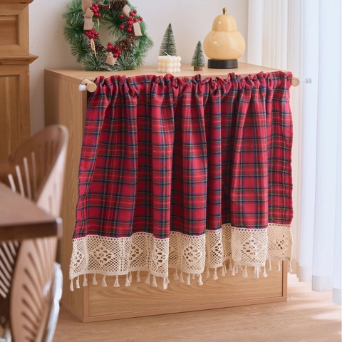 Vintage Karo Gehäkelte Spitze Bistrogardine Für Küchenschrank Quastenrand Polyester Baumwolle Türvorhang Weihnachtsdekor