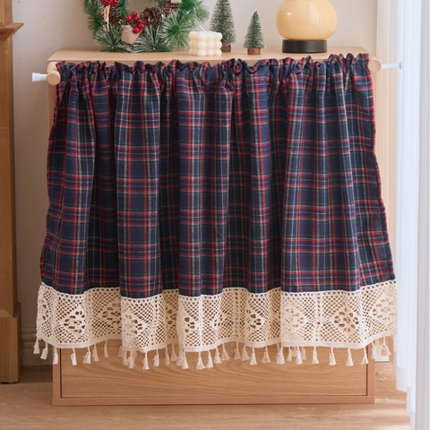 Vintage Karo Gehäkelte Spitze Bistrogardine Für Küchenschrank Quastenrand Polyester Baumwolle Türvorhang Weihnachtsdekor