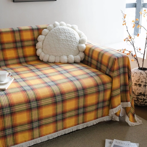 Retro Karo Sofa Überwurf Polyester Baumwolle Wohndecke Mit Weißen Quasten Mehrzweck Tagesdecke Für Wohnzimmer Home Dekor