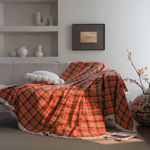 Plaid de Canapé à Carreaux Avec Franges Coton Polyester Couverture Douce pour Salon Décoration de Maison Couverture Décorative