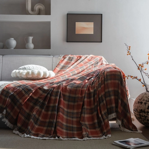 Copridivano Vintage a Quadri Con Nappine in Cotone Poliestere Fodera Griglia per Soggiorno Divano Mobili Decor