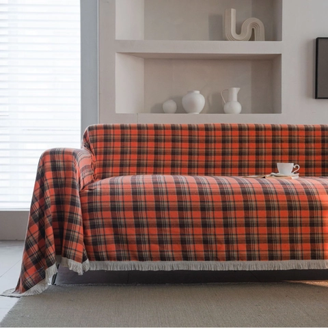 Plaid de Canapé à Carreaux Avec Franges Coton Polyester Couverture Douce pour Salon Décoration de Maison Couverture Décorative