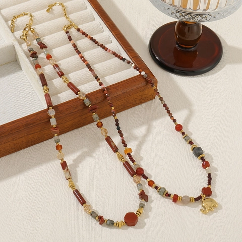 Handmade Bohemian Beaded Necklace For Women Stainless Steel Natural Stone Red Agate Elephant Clover Sunflower Pendant Necklace