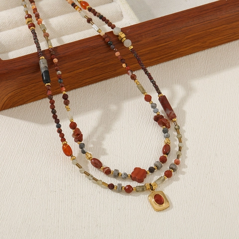 French Vintage Natural Stone Beaded Necklace For Women Stainless Steel Chain Handmade Agate Czech Glass Beads Ethnic Style Jewelry Gift