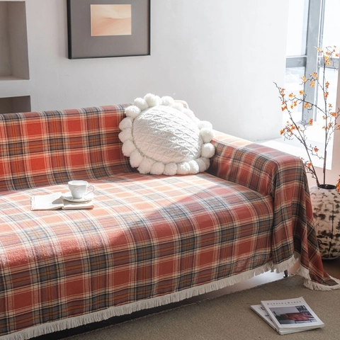Copridivano Vintage a Quadri Con Nappine in Cotone Poliestere Fodera Griglia per Soggiorno Divano Mobili Decor