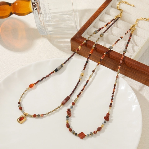 French Vintage Natural Stone Beaded Necklace For Women Stainless Steel Chain Handmade Agate Czech Glass Beads Ethnic Style Jewelry Gift