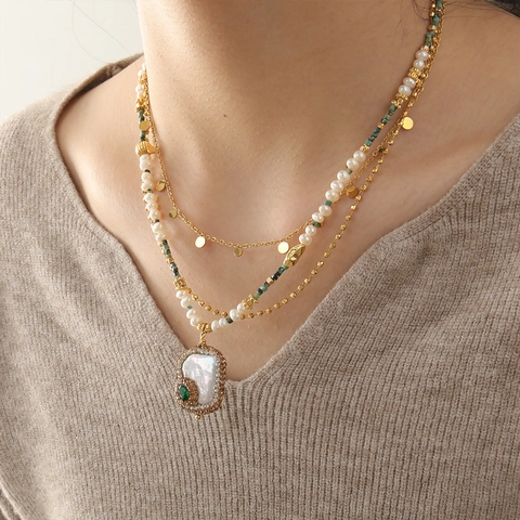 Vintage Boho Afrikanische Türkis Perlenkette Barocke Süßwasserperle Perlmutt Anhänger Kupfer Halsketten Für Damen