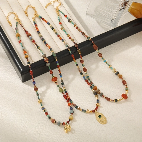 Vintage Bohemian Natural Stone Beaded Necklace For Women French Style Gold Plated Copper Elephant Leaf Pendant Jewelry