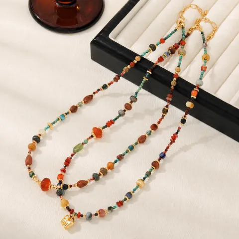 Vintage Bohemian Natural Stone Beaded Necklace For Women French Style Gold Plated Copper Elephant Leaf Pendant Jewelry