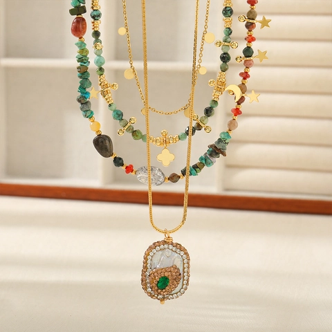 Vintage Handmade Artificial Baroque Pearl African Pine Natural Stone Beaded Necklace Bohemian Gold Plated Copper Long Sweater Chain For Women Jewelry