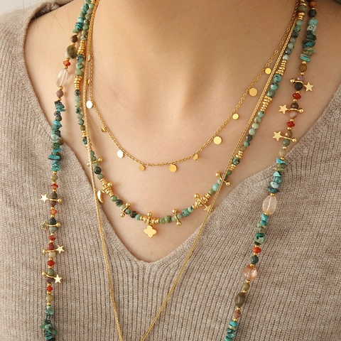 Vintage Handmade Artificial Baroque Pearl African Pine Natural Stone Beaded Necklace Bohemian Gold Plated Copper Long Sweater Chain For Women Jewelry