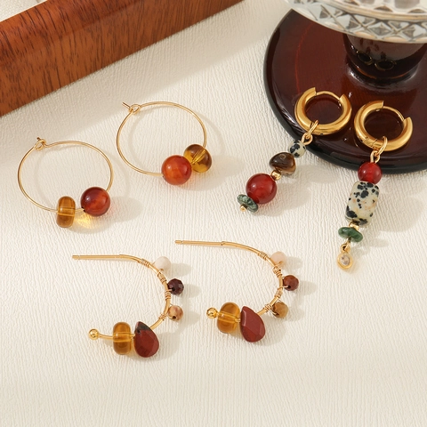 Bohemian Vintage Tiger Eye Agate Earrings Gold Plated Stainless Steel Asymmetric Beaded Drop Hoop Earrings For Women Jewelry
