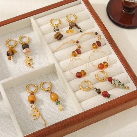 Bohemian Vintage Tiger Eye Agate Earrings Gold Plated Stainless Steel Asymmetric Beaded Drop Hoop Earrings For Women Jewelry