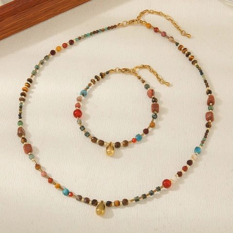 Böhmisches Naturstein Perlen Halskette Armband Set Edelstahl Wassertropfen Anhänger Afrikanische Kiefer Tigerauge Schmuck Damen