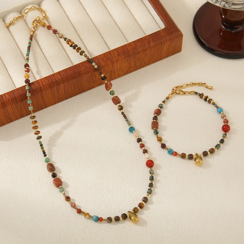 Böhmisches Naturstein Perlen Halskette Armband Set Edelstahl Wassertropfen Anhänger Afrikanische Kiefer Tigerauge Schmuck Damen