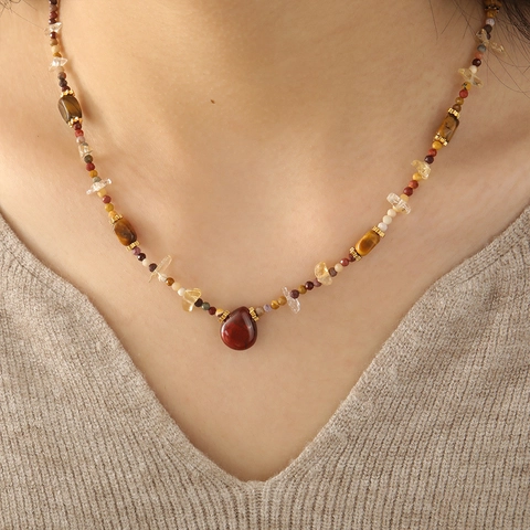 Tiger Eye Stone Jasper Beaded Necklace Star Moon Pendant Handmade Bohemian Vintage Natural Stone Sweater Chain For Women Jewelry