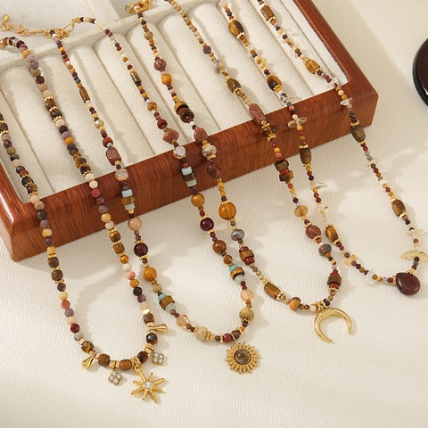 Tiger Eye Stone Jasper Beaded Necklace Star Moon Pendant Handmade Bohemian Vintage Natural Stone Sweater Chain For Women Jewelry