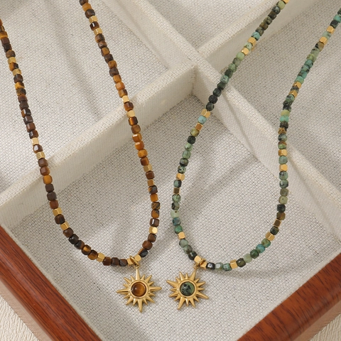 Handmade Natural Tiger Eye African Turquoise Beaded Necklace With Stainless Steel Gold Sun Pendant Boho Vintage Jewelry