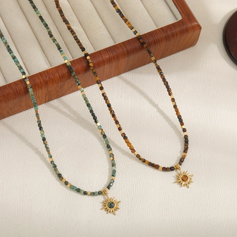 Handmade Natural Tiger Eye African Turquoise Beaded Necklace With Stainless Steel Gold Sun Pendant Boho Vintage Jewelry