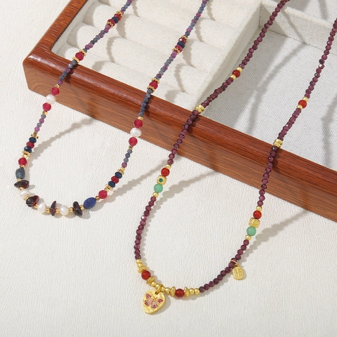 Vintage Chinese Style Beaded Necklace Natural Garnet Red Agate Butterfly Heart Pendant Freshwater Pearl Necklaces For Women