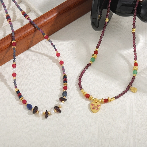 Vintage Chinese Style Beaded Necklace Natural Garnet Red Agate Butterfly Heart Pendant Freshwater Pearl Necklaces For Women