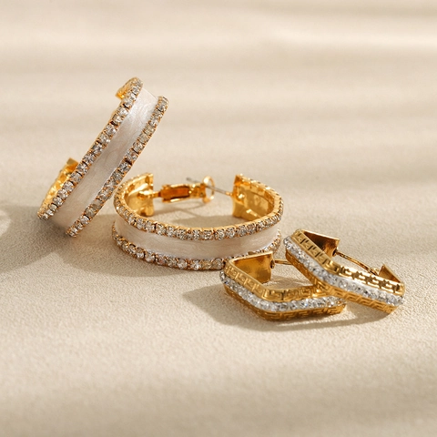 Pendientes de Aro de Cobre de Lujo con Diamantes de Imitación para Mujer Pendientes Elegantes de Esmalte Geométricos