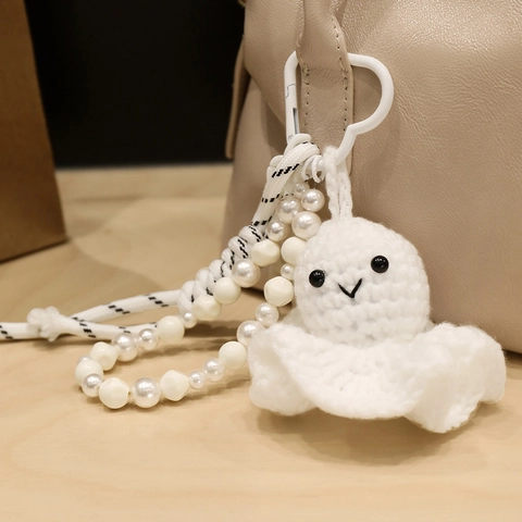 Ciondolo per Borsa Fatto a Mano all'Uncinetto Bianco Teru Teru Bozu Fantasma Portachiavi in Maglia e Acrilico Perle Artificiali Donna