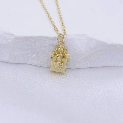 Vintage Copper Bow Gift Box Pendant Necklace With Crown Decor Box Chain Gold Silver Plated Clavicle Chain For Women Jewelry