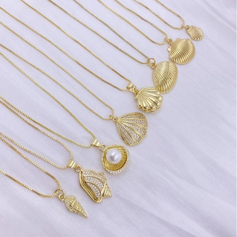 Elegant Gold Plated Copper Seashell Conch Pendant Necklace For Women Zirconia Artificial Pearl Inlaid Summer Vacation Beach Jewelry Gift