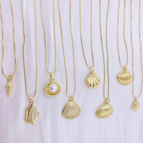 Elegant Gold Plated Copper Seashell Conch Pendant Necklace For Women Zirconia Artificial Pearl Inlaid Summer Vacation Beach Jewelry Gift
