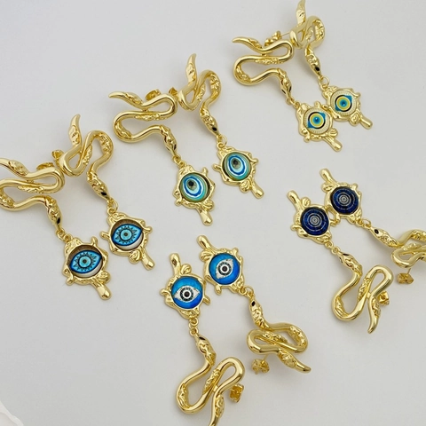 Vintage Gold Plated Copper Snake Evil Eye Drop Earrings For Women Mysterious Animal Nazar Dangle Earrings Jewelry Gift