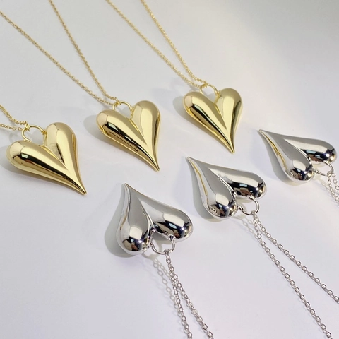 Minimalist Copper 18K Gold Plated Puffy Heart Pendant Necklace For Women Mirror Polish Metal Heart Pendant And Box Chain Neckwear