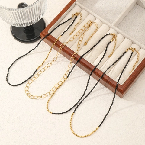 Minimalist Black Spinel Beaded Necklace Stainless Steel Gold Plated Multilayer Stackable Clavicle Chain Necklace For Women Men Jewelry