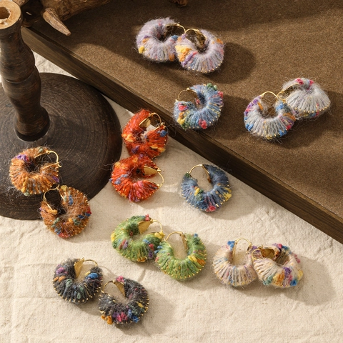 Boho Colorful Woolen Yarn Woven Hoop Earrings For Women Real Gold Plated Copper Plush C Shape Earrings Autumn Winter Jewelry