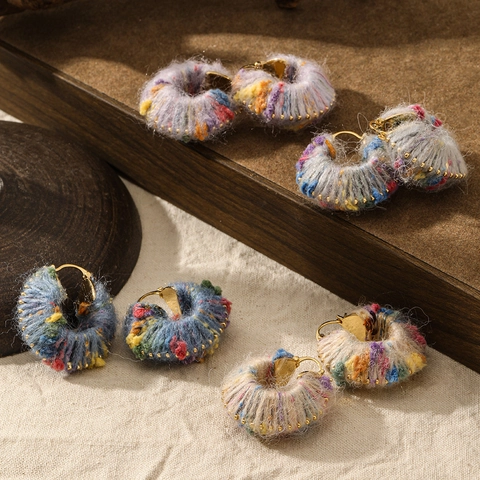 Boho Colorful Woolen Yarn Woven Hoop Earrings For Women Real Gold Plated Copper Plush C Shape Earrings Autumn Winter Jewelry