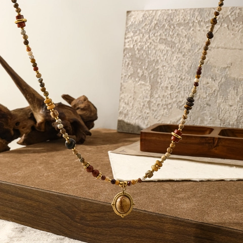 Vintage Natural Stone Beaded Necklace For Women Titanium Steel Real Gold Plated Bohemian Pendant Choker Necklace Jewelry Gift