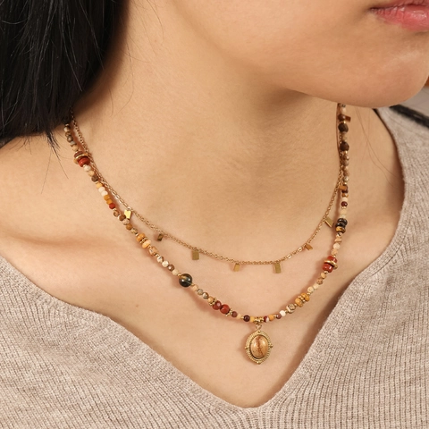 Vintage Natural Stone Beaded Necklace For Women Titanium Steel Real Gold Plated Bohemian Pendant Choker Necklace Jewelry Gift