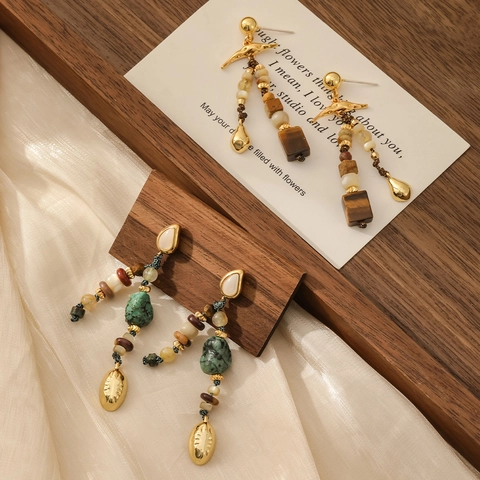 Pendientes Colgantes Bohemios Vintage Para Mujer Cuerda Tejida A Mano Piedra Natural Concha Cobre Poste Plata De Ley 925