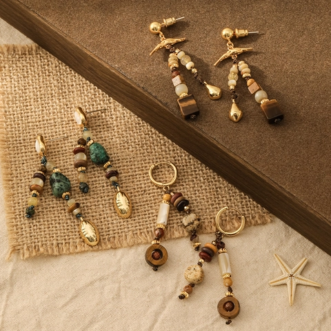 Pendientes Colgantes Bohemios Vintage Para Mujer Cuerda Tejida A Mano Piedra Natural Concha Cobre Poste Plata De Ley 925