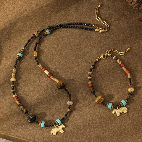 Vintage Ethnisch Tigerauge Türkis Perlenkette Mit Gold Pferd Anhänger Böhmisch Naturstein Schmuck Für Damen Herren
