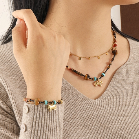 Vintage Ethnisch Tigerauge Türkis Perlenkette Mit Gold Pferd Anhänger Böhmisch Naturstein Schmuck Für Damen Herren