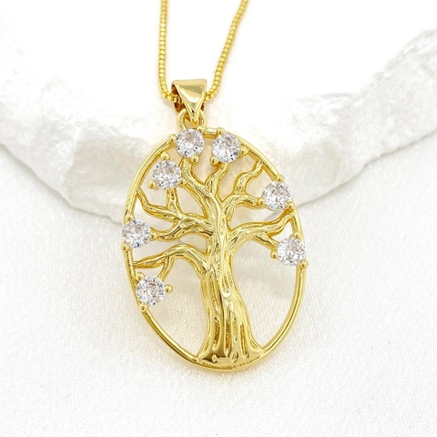 Fashion Gold Plated Copper Tree Of Life Pendant Necklace Micro Pave Zirconia Hollow Out Family Message Jewelry For Women