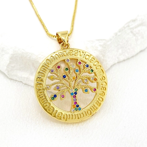 Fashion Gold Plated Copper Tree Of Life Pendant Necklace Micro Pave Zirconia Hollow Out Family Message Jewelry For Women