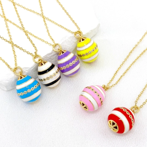 Easter Egg Pendant Necklace Gold Plated Copper Enamel Colorful Stripes Zirconia Jewelry For Women Holiday Gift