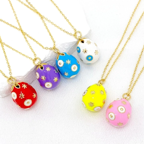 14K Gold Plated Copper Easter Egg Pendant Necklace Vintage Enamel Star Pattern Necklaces For Women Festive Jewelry Gift