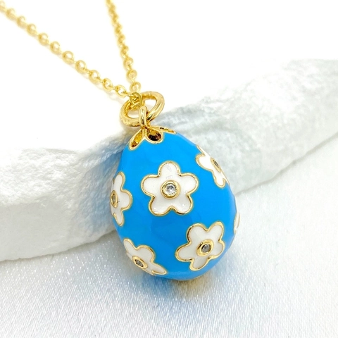 Enamel Easter Egg Pendant Necklace Flower Pattern Gold Plated Copper Rhinestone Vintage Jewelry For Women Festive Gift