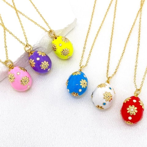 Vintage Enamel Easter Egg Pendant Necklace Gold Plated Copper Floral Zirconia Egg Shaped Jewelry For Women Festival Gift