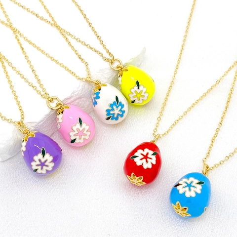 Vintage 14K Gold Plated Copper Enamel Easter Egg Pendant Necklace With Flower Leaf Design For Women Easter Gift Jewelry