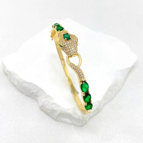 Luxurious Gold Plated Copper Snake Leopard Head Bangle Inlaid With Zircon Green Gemstones Opening Clasp Women Party Jewelry